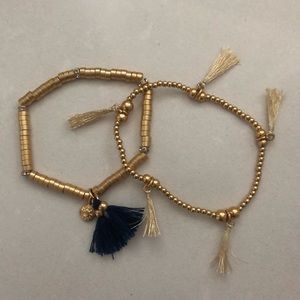 J. Crew Tasseled Gold Bracelet Set Stretch Navy and Gold Tassel with dust bag